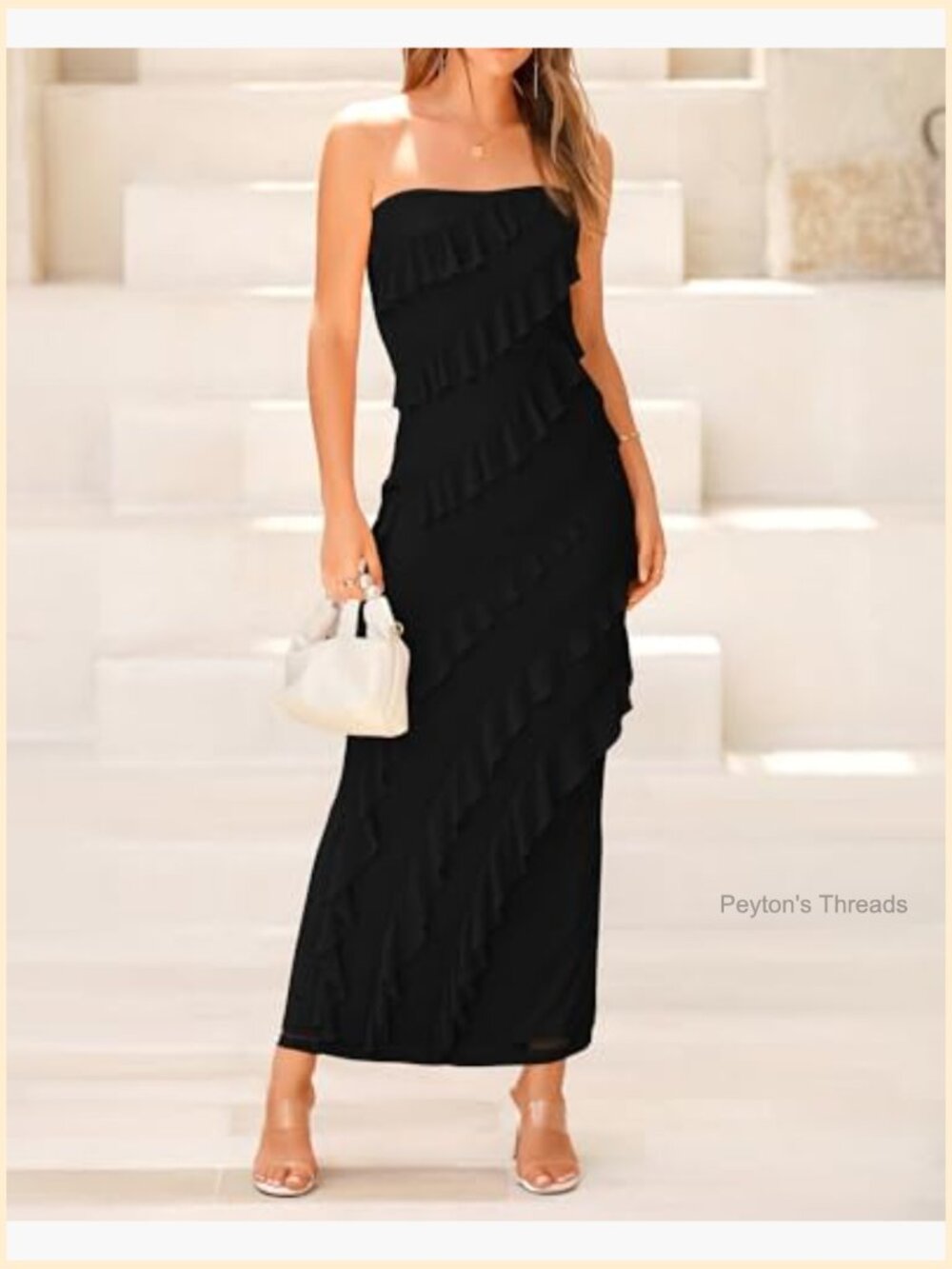 Strapless Mesh Bodycon Midi Dress with Ruffle Detail for Cocktail Parties - Picture 2 of 7